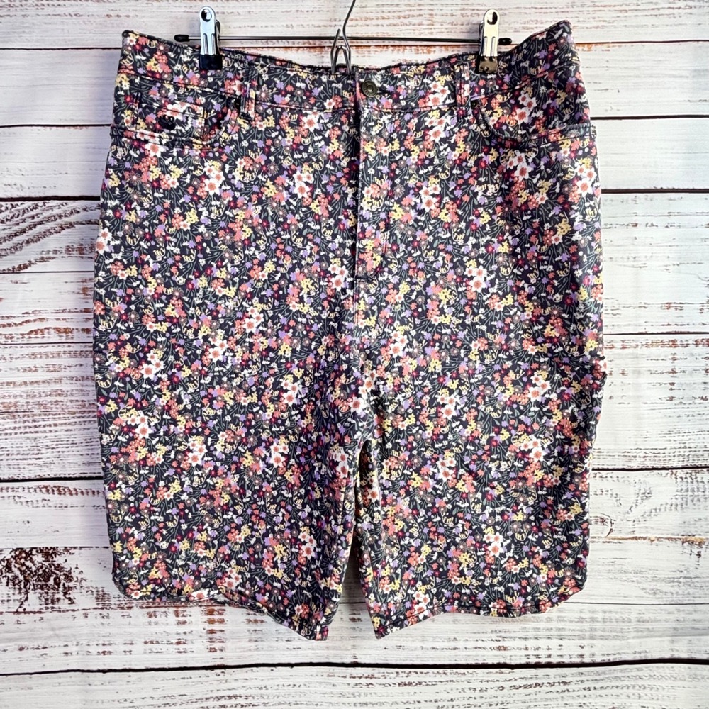Vintage Maximalist Ditsy Floral Denim Shorts 16 Purple Stretch Cotton Cottage - Picture 11 of 11